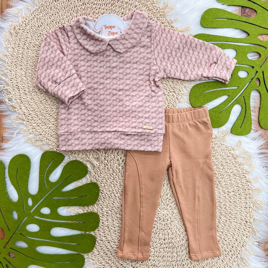 Conj. Blusa Manga Loga com Estampa Pied-de-Poule e Calça Legging - Rose